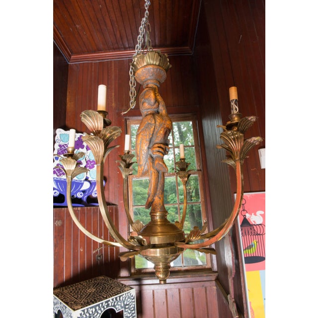 Large Carved Parrot & Brass Chandelier For Sale - Image 9 of 13