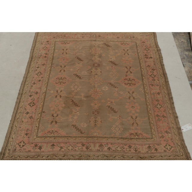 Transitional Hand-Knotted Antique Oushak Rug in Beige-Brown Pink Floral Pattern For Sale - Image 3 of 7