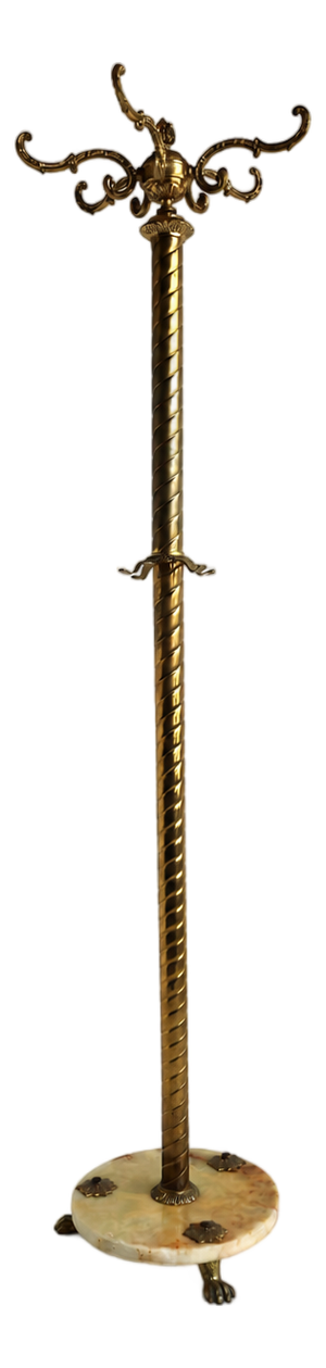 Italian Hollywood Regency Brass and Marble Hall Tree Coat Rack with Twisted Column, 1950s