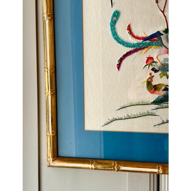 Vintage Chinese Silk Hand Embroidery in a Custom Gilt Bamboo Wood Frame For Sale - Image 10 of 12