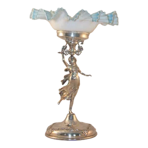 Antique Silverplate Lady With Turquoise Glass Fruit Bowl