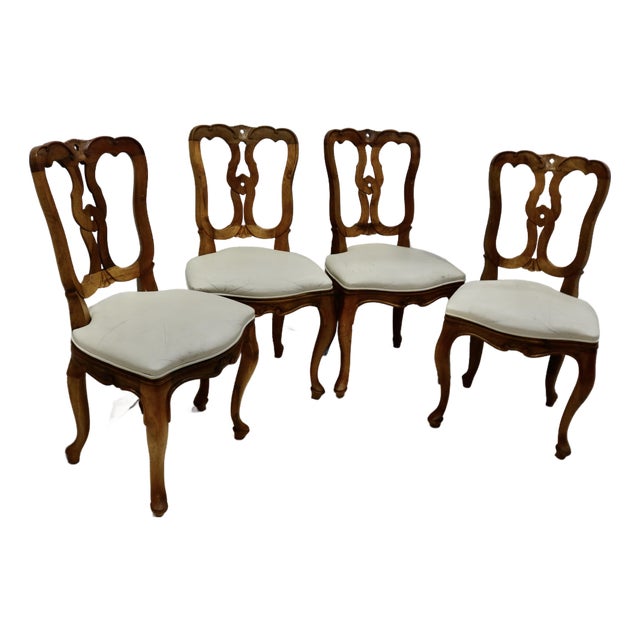 Vintage Hand Carved Italian Walnut Chairs With Leather Seats For Sale