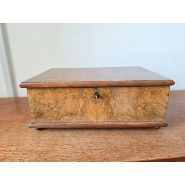 Antique Walnut Marquetry Jewelry Box With Key, Burl Wood Keepsake Box, Red Velvet Lined Locking Treasure Chest, Desk Box For Sale - Image 10 of 16