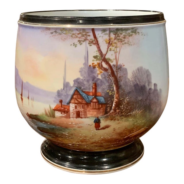 19th Century French Napoleon III Porcelain De Paris Landscape Cache Pot For Sale