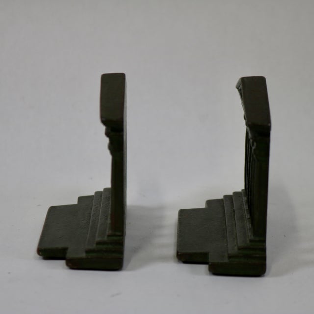 Vintage Solid Cast Iron Parthenon Greek Roman Temple Column Bookends With Faux Green Patina For Sale - Image 9 of 11