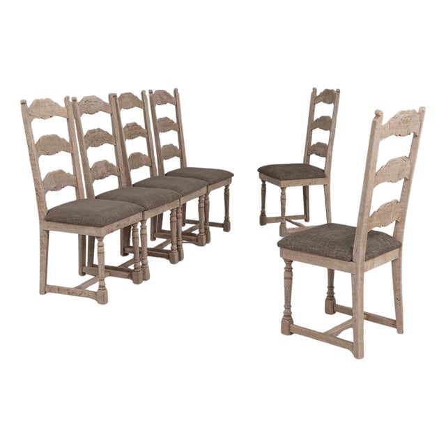 20th Century Belgian Upholstered Oak Ladderback Oak Dining Chairs - Set of 6 For Sale