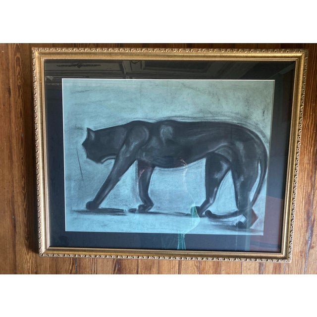 Rustic European Original Signed Charcoal Drawing of Black Cat in Gold Vintage Frame With Beautiful Matting. For Sale - Image 3 of 9
