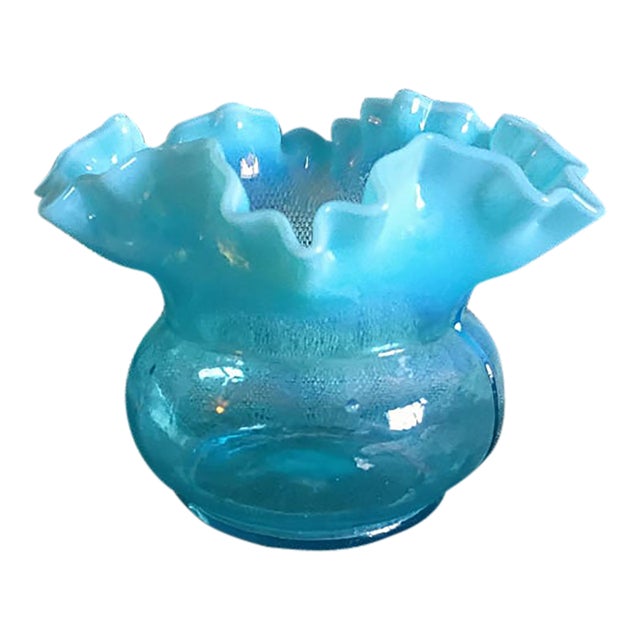 Vintage Blue Opalescent Ruffled Rose Bowl Vase – Aqua Art Glass For Sale