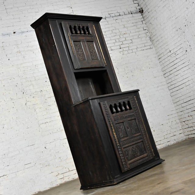 Spanish Vintage Spanish Colonial Revival Style Oak Cupboard Hutch Cabinet or Dry Bar Hand Carved For Sale - Image 3 of 12