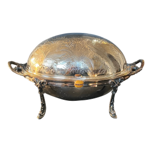 Antique Silverplate Etched Server Serving Dish Domed Tall Legs