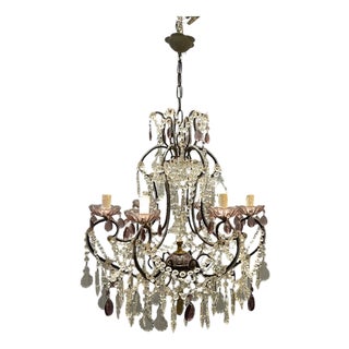 Vintage Italian Crystal Beaded Chandelier with Lilac Glass Bobeches, 1960s For Sale