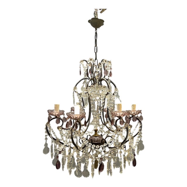 Vintage Italian Crystal Beaded Chandelier with Lilac Glass Bobeches, 1960s For Sale