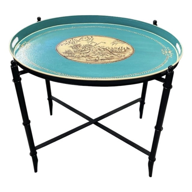 Vintage Chinoiserie-Style Teal and Black Metal Tray Table For Sale