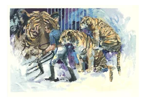 1985 Wayland Moore 'Three Tigers in the Circus' Contemporary Multicolor Usa Serigraph