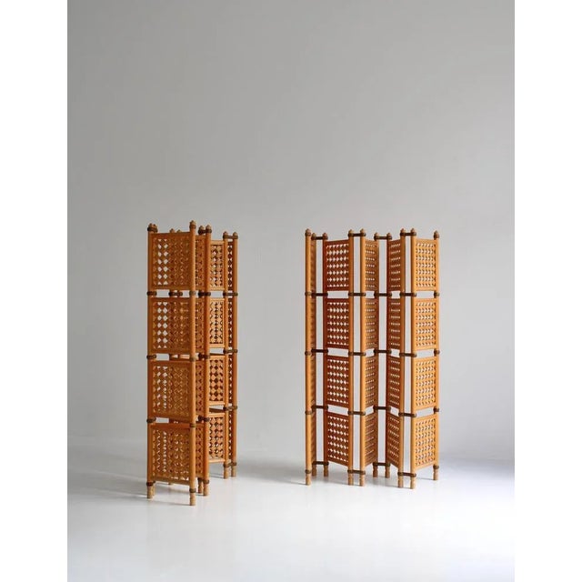 Rare set of 5-sided vintage room dividers in stained beechwood handmade in the 1940s by a Scandinavian cabinetmaker....