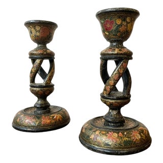 Kashmiri Hand-Painted Floral Gilt Papier Mache Candlesticks, Early 20th Century, Set of 2 For Sale