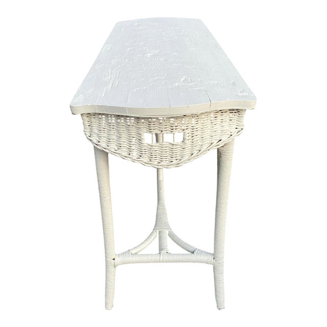 Antique Victorian Wicker Console Table, Seaglass Painted, C. 1900 For Sale - Image 4 of 7