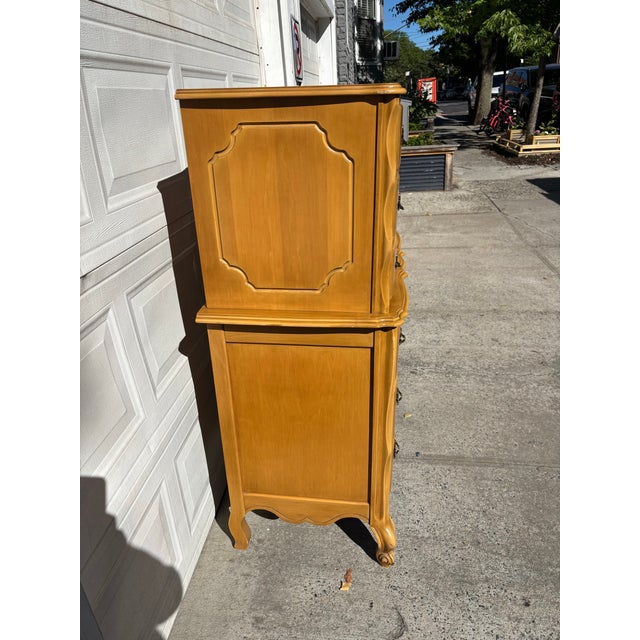 Vintage French Provincial Tall Chest, Serpentine Front Highboy With Carved Apron & Scroll Feet For Sale - Image 4 of 12