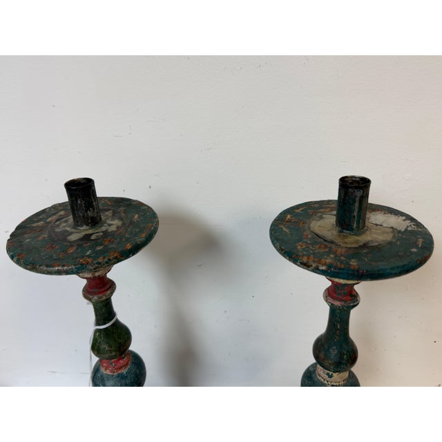 18th Century Pair Tuscan Polychrome Wooden Altar Candlesticks, Worn Patina, 18th / 19th C. For Sale - Image 5 of 17
