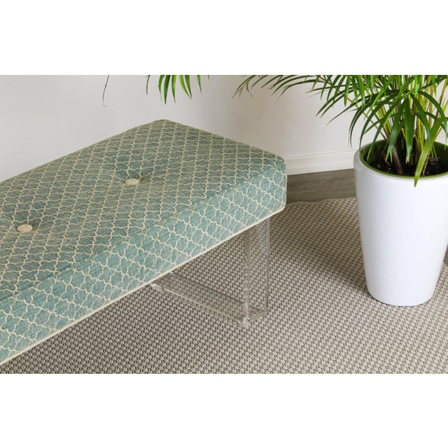 Green Waterfall Lucite & Green Chenille Bench For Sale - Image 8 of 11