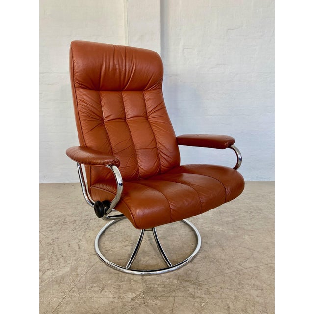 Animal Skin Vintage Cognac Leather Ekornes Stressless Reclining Lounge Chair & Stool 1960,s For Sale - Image 7 of 18