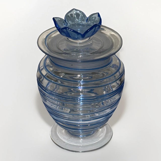 American Steuben Covered Jar With Applied Cobalt Threading and Blue Flower Finial, Carder Period (1903–1932) For Sale - Image 3 of 9