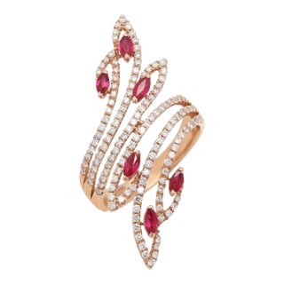 14k Rose Gold Marquise Cut Ruby Cocktail Ring With Diamonds Size 7 For Sale