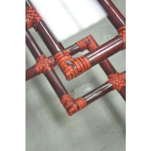 Vintage McGuire Red Rattan Bamboo and Brass Glass Top Square Coffee Table For Sale - Image 11 of 12