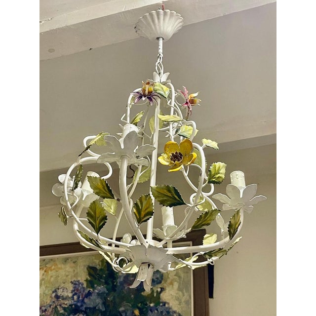 Gold Italian Floral Chandelier in Hand Paint Metal, 1960s For Sale - Image 8 of 12