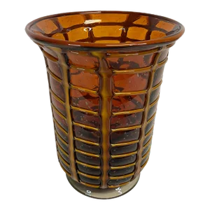 1980s Handblown Amber Glass Vase With Opaque Grid Design Encased