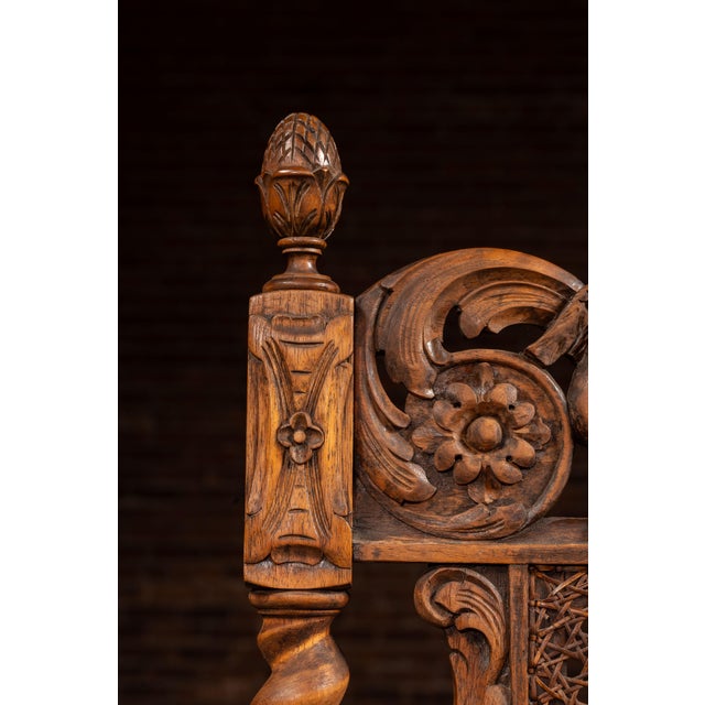 Brown 19th Century Ornate Carved Throne With Intricate Cane Backrest For Sale - Image 8 of 17
