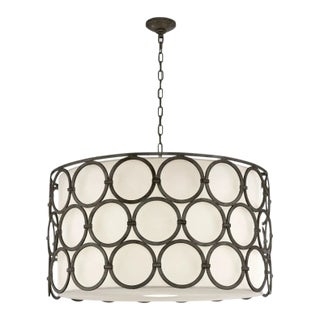 Large Hanging Shade in Aged Iron W/ Linen Shade For Sale