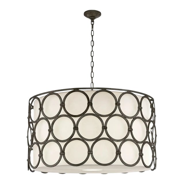 Large Hanging Shade in Aged Iron W/ Linen Shade For Sale