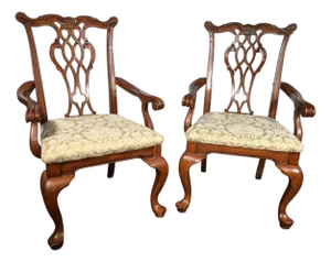 Pair of Chippendale Style Armchairs - Carved Backsplats With Queen Anne Legs