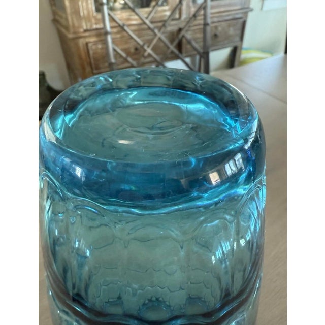 Blown Art Glass Vase Teal Blue With Pattern in Glass 11” For Sale - Image 10 of 10