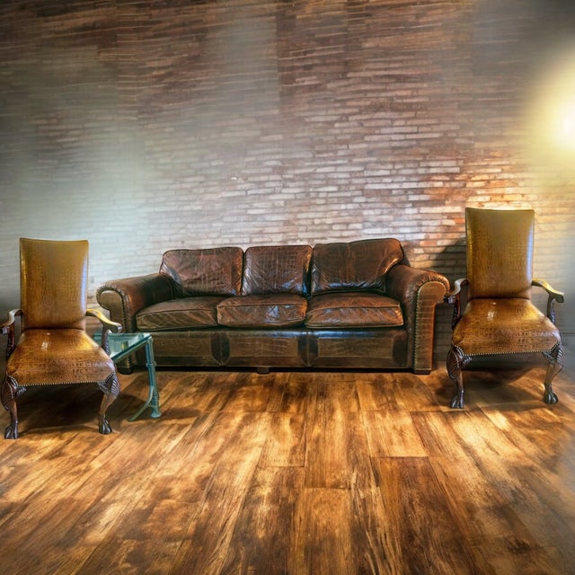 1990s Maitland Smith Alligator Print Leather & Mahogany Chairs For Sale - Image 9 of 12