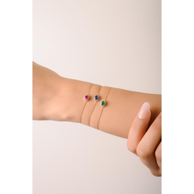 Contemporary Vintage Style Sapphire Diamond Halo Chain Bracelet in 14k Solid Gold For Sale - Image 3 of 17