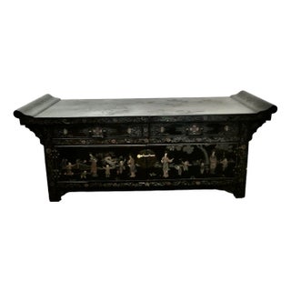 Black Lacquer Chinoiserie Low Cabinet For Sale