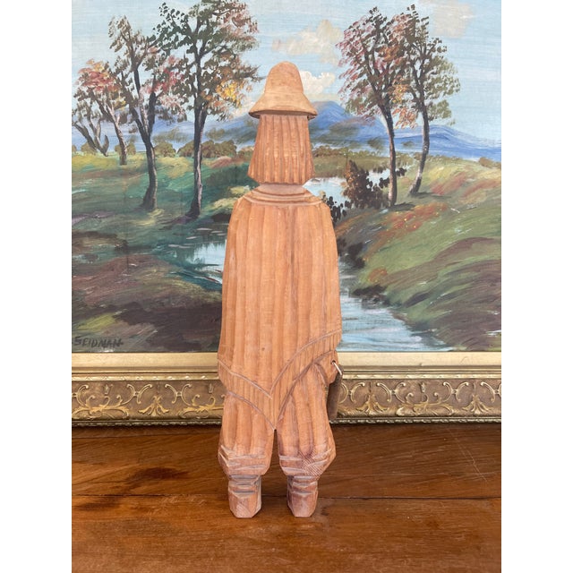 Hand-Carved Vintage Folk Art Wood Figure of Bearded Man With Hat and Carrying a Carved Object. For Sale - Image 9 of 9