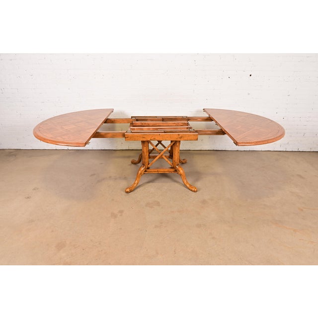 Guy Chaddock English Country Rustic Oak Pedestal Extension Dining Table With Patchwork Parquet Top, Newly Refinished For Sale In South Bend - Image 6 of 15