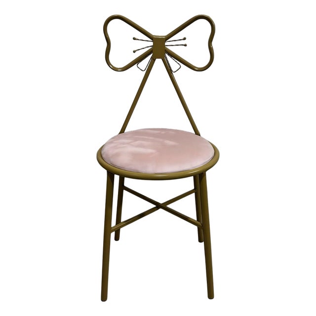 Hollywood Modern Style Bow Back Gold Metal Pink Velvet Vanity Chair For Sale