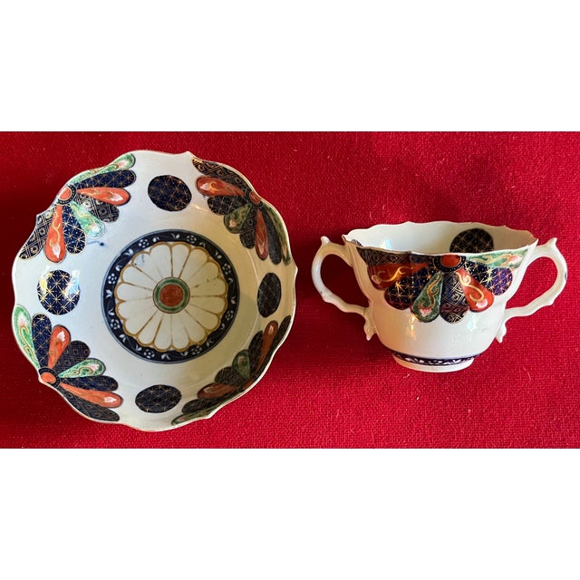 Mid 18th Century Antique 18th Century Worcester Porcelain Imari Chocolate or Caudle Cup & Saucer in the Japan Fan Pattern Circa 1765 - 1775 For Sale - Image 5 of 18