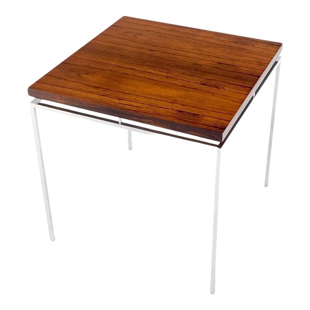 Floating Rosewood Top Chrome Stainless Base Square Side End Coffee Table For Sale