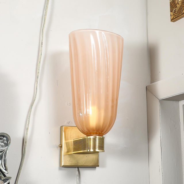 Modernist Hand-Blown Smoked Rose Murano Fluted Glass Sconces With Brass Fittings For Sale - Image 10 of 17