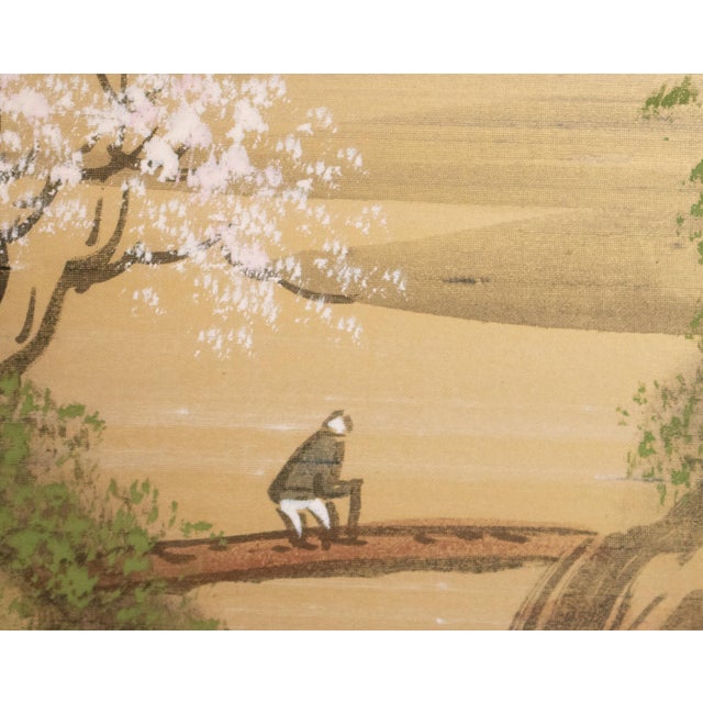 Champagne 1960s Shōwa Era Japanese Byobu Screen, "Spring Landscape" For Sale - Image 8 of 18