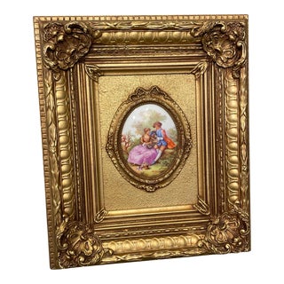 Vintage Hand Painted Framed Limoges Frangonard Medallion — Courting Couple For Sale