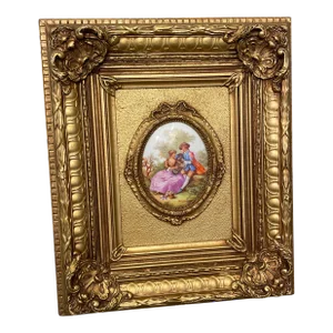 Vintage Hand Painted Framed Limoges Frangonard Medallion — Courting Couple