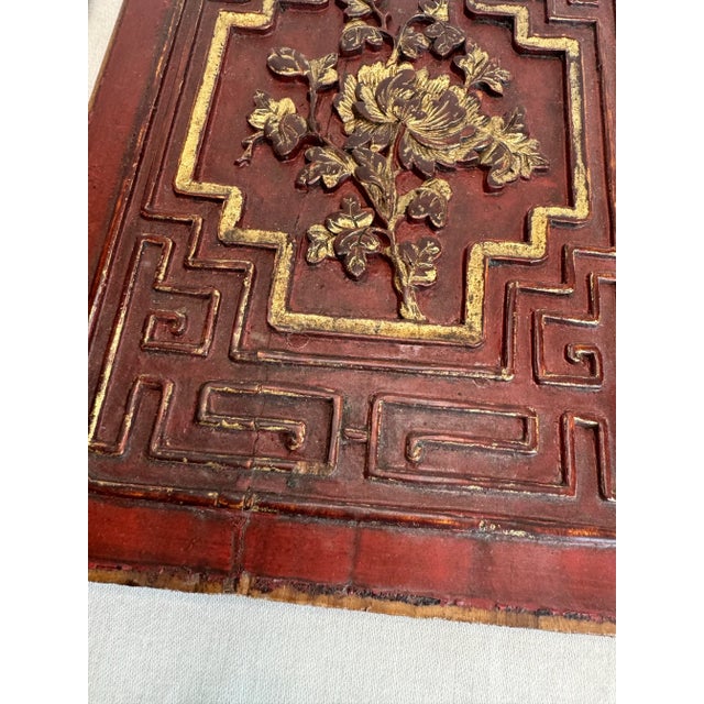 Ruby Red Asian Teak Wood Carved Relief Red & Gold Plaques, Set of 4 For Sale - Image 8 of 10
