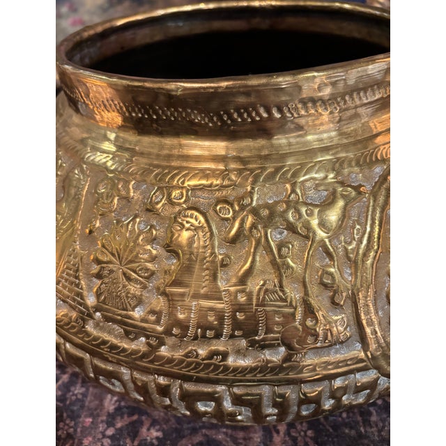 Antique 19th Century Islamic Revival Brass Vessel | Egyptian Mamluk Style Repoussé Bowl | Sphinx Court Scenes 16” [Cm] For Sale - Image 12 of 12