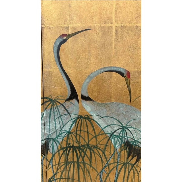 Early 20th Century Japanese Four-Fold Byobu Screen With Cranes and Young Bamboo For Sale - Image 10 of 18